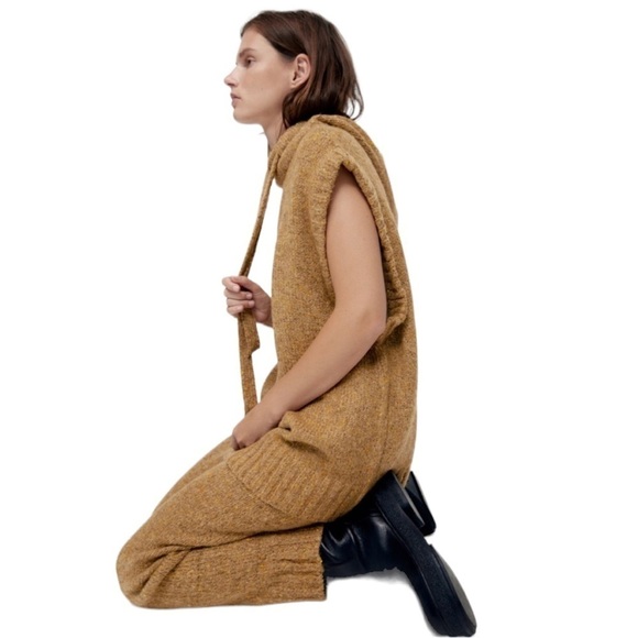 ZARA Oversized Sleeveless Hooded Chunky Knit Sweater Brown Tan M - Picture 10 of 10
